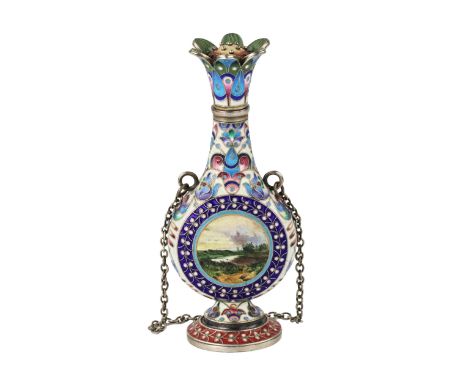 Silver perfume bottle in cloisonne enamel with painted miniatures. A flat bottle of an oriental silhouette, decorated with a 