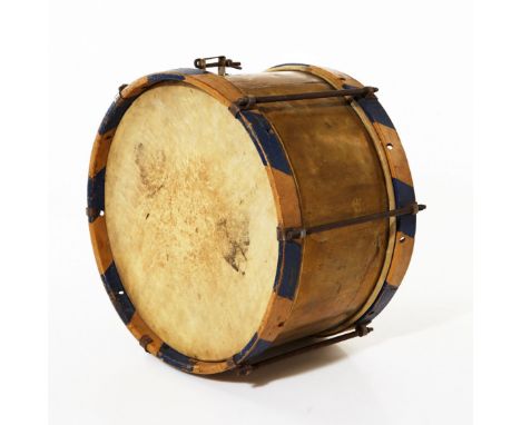 Swedish Army model 1853 infantry drum. Made from copper plate with blue and yellow painted wood sides. Holes for lacing.Presu