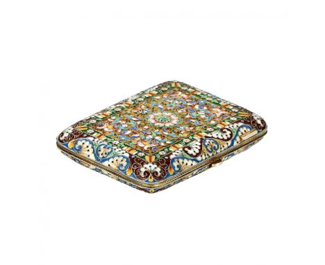 Silver cigarette case with gilding and cloisonne enamel. Stamps on the latch tongue, the inside of the sash, and the tongue f