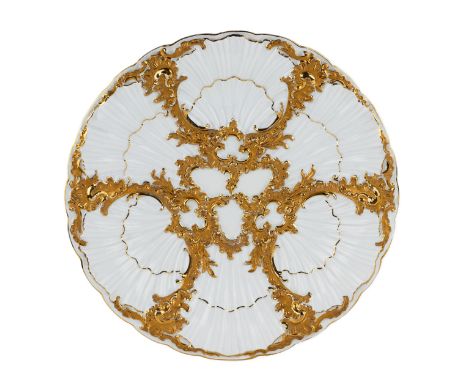  Large Meissen porcelain dish with gold roccaille decoration on a ribbed white background. Blue underglaze swords with a poin