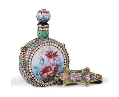 Silver pendant bottle pendant with painted enamels. Picturesquely decorated with enamel poppies on a delicate background. The