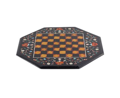 Mosaic chessboard made of natural stone, with floral decoration around the edges. (No chess pieces). Board dimensions: 43x43 