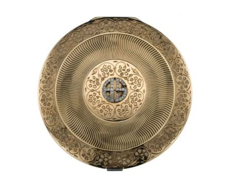 Cartier 20th Century Art Deco Gold Powder Case in 18k gold, round shape with diamond monogram and banquet cut button, both si