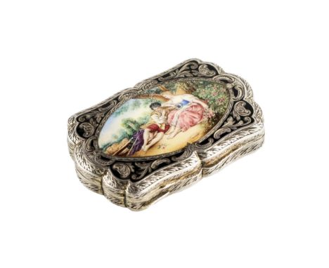  Silver snuffbox with niello and enamel miniature of a shepherd and shepherd`s romantic holiday. A pause of time, a concert o