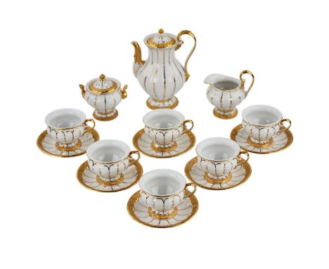 White and gilt porcelain mocha set for six persons includes six cups and saucers, teapot with lid, milk jug and sugar bowl wi