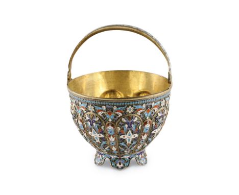 Silver, egg-shaped sugar bowl, on leaf-shaped legs with a handle, decorated with cloisonne enamel. A three-dimensional, arche