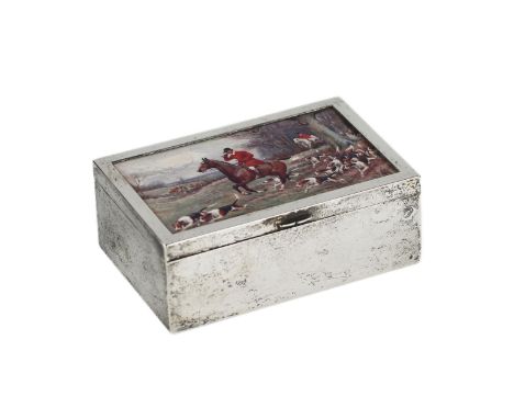 A rectangular wooden box, pear wood, upholstered in silver-plated metal, with an offset picture of hound hunting in Britain. 