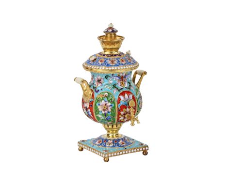  Silver, gilded samovar with painted enamels. Stamp 84. Weight: 155 gr. Height: 11 cm. Width: 6.2cm, Height: 11cm, Depth: 6.2