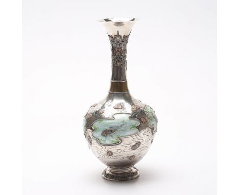  Silver Japanese vase with enamel, dedicated to the water element. The decor of the vase includes 4 patch vignettes depicting