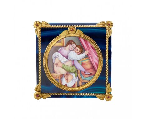  Erotic enamel miniature in a gold frame on a square plate of tinted agate. End of the 19th century. Depicts playful lovers a