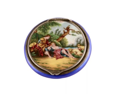  Silver powder box , decorated with an enamel design depicting a gallant scene on a guilloche background. Stamp: Walking lion