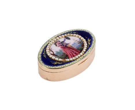Small, gold snuffbox, oval shape with enamel painting and pearls. France, circa 1795. The cover depicts a young couple stayin