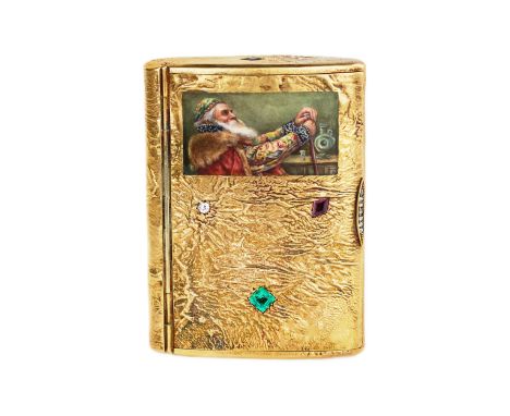 V.A. Kubarev. Gilded silver cigarette case with enamel painting according to K. Makovsky with natural stones. Moscow 1908-191