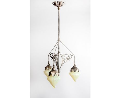 W. A. S. Benson (British, 1854-1924) Arts and Crafts silvered metal ceiling light with scrolling flowerhead design to the ste