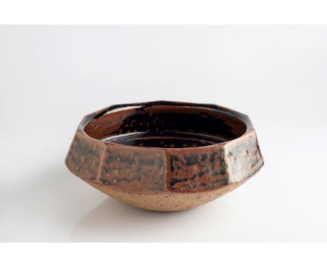 Janet Leach (British, 1918-1997) at Leach Pottery Bowl with tenmoku glaze, 11 sided impressed potter's and St. Ives pottery s