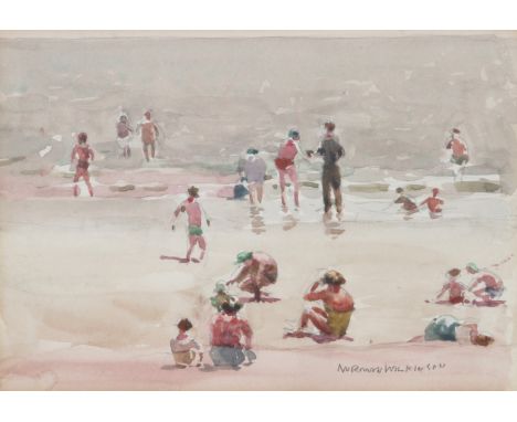 Norman Wilkinson (British, 1878-1971) Beach Scene signed (lower right) pencil and watercolour 12.7cm x 18.3cm. Provenance: wi