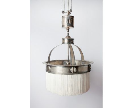 Arts & Crafts Rise and fall hammered metal ceiling light, circa 1905 with curved supports and fabric fringe decoration 62cm d
