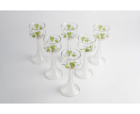 Art Nouveau Set of six German hock glasses  decorated in enamel with vine leaf and grape design 19cm high (6).