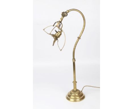 Arts & Crafts Brass table lamp with curved neck and adjustable light fitting with vaseline flower head glass shade 64.2cm hig