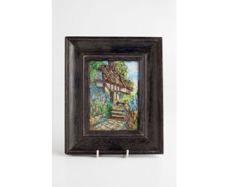 Manner of Charles Fleetwood Varley  Arts & Crafts enamel panel  of a thatched cottage garden 13.7cm x 9.7cm.