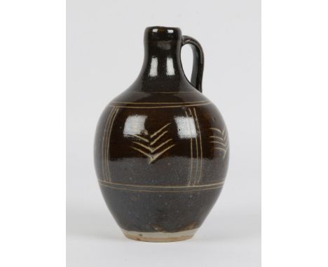 Ursula Mommens (British, 1908-2010) Flask chevron motifs 17cm high. Provenance: with Terrace Gallery, Worthing, 1989.