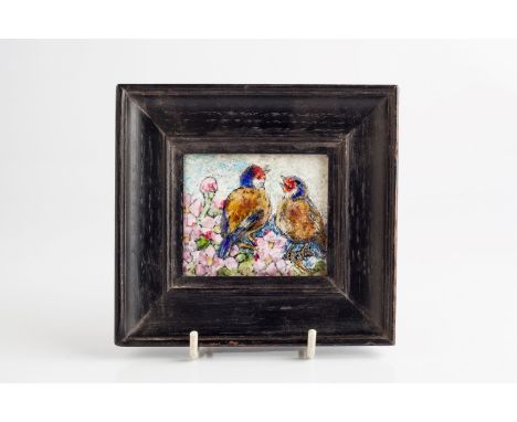 Manner of Charles Fleetwood Varley  Arts & Crafts enamel panel  of two birds amongst flowers 6cm x 7cm.