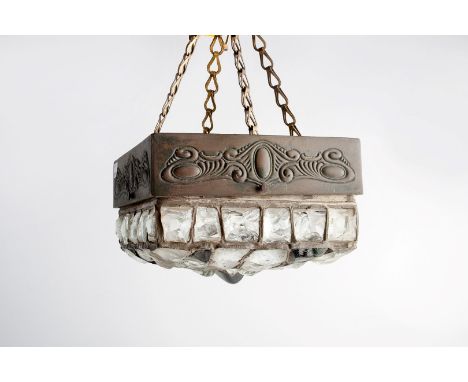 Art Nouveau Ceiling light green and clear glass set into a metal frame with Art Nouveau scroll decoration 21cm across.