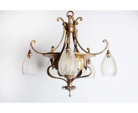Manner of W.A.S. Benson and Perry & Co. Arts & Crafts brass ceiling light with scrolling supports five suspended lights with 