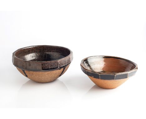 Janet Leach (British, 1918-1997) at Leach Pottery Two bowls tenmoku glaze, 12 sided  each impressed potter's and St. Ives pot
