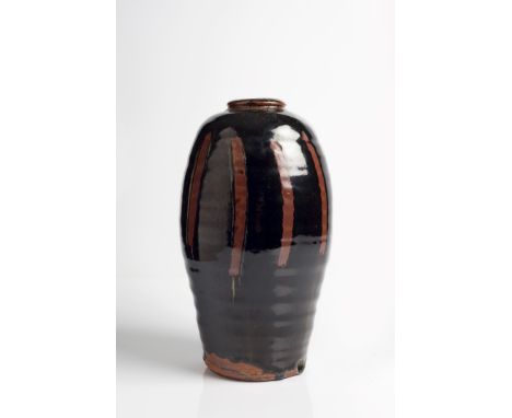 Mike Dodd (British, b.1943) Vase finger wipe decoration and tenmoku glaze impressed potter's seal covered with glaze 28cm hig