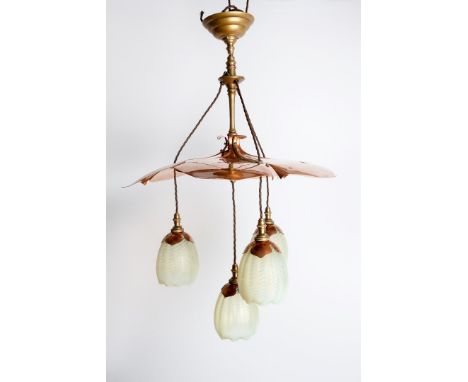 W. A. S. Benson (British, 1854-1924) Arts and Crafts copper and brass ceiling light with copper petal shades forming a flower