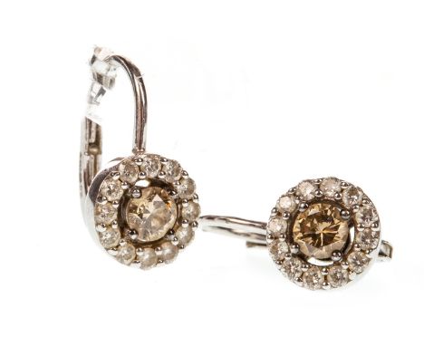 PAIR OF DIAMOND EARRINGS, each set with a round brilliant cut diamond of approximately 0.23 carats, with cognac tone, within 