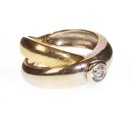 BICOLOUR GEM SET RING, formed by a white and yellow metal section, crossover, with central collet set round white gem, unmark