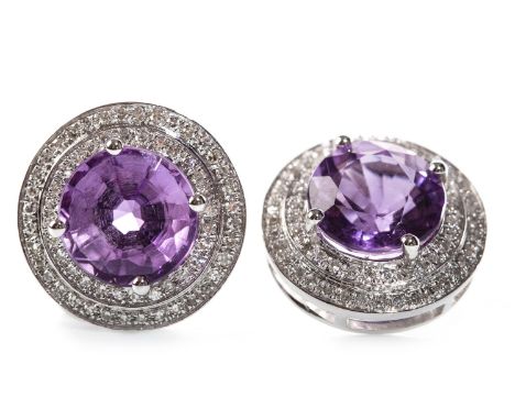 PAIR OF AMETHYST AND DIAMOND EARRINGS, each set with a round amethyst 9mm diameter, within a double halo of round brilliant c