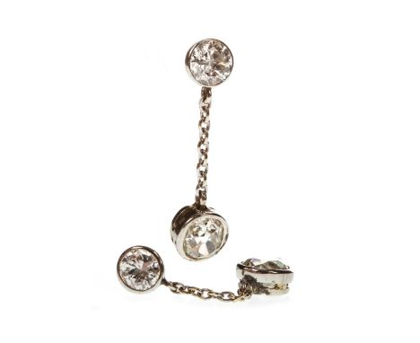 PAIR OF DIAMOND TWO STONE DROP EARRINGS, each set with an old cut diamond suspended from a smaller round brilliant cut diamon