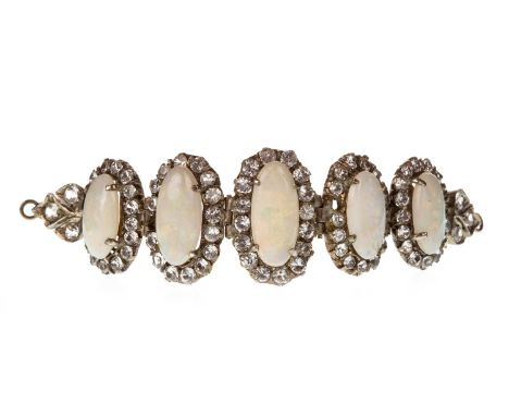 OPAL AND WHITE GEM SET BRACELET SECTION, set with five graduated opal sections, each within a white gem set halo, 80mm long, 