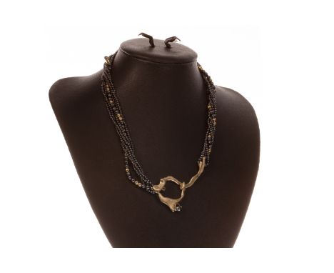 HAEMATITE NECKLACE WITH SIMILAR EARRINGS, the necklace formed by five strands of small spherical haematite beads, each 1.7mm 