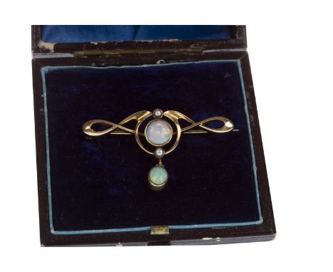 ART NOUVEAU OPAL BROOCH, of openwork form, with a central round cabochon opal flanked by two seed pearls, with a suspended ov