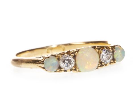 OPAL AND DIAMOND RING, set with alternating opals and round diamonds, the diamonds totalling approximately 0.10 carats, marks