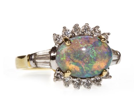 IMPRESSIVE OPAL AND DIAMOND RING, set with a central oval cabochon black opal 12.4mm long and with a curved row of round bril