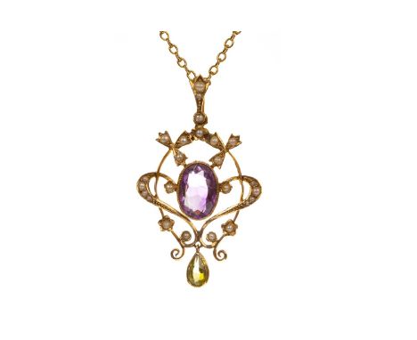 AMETHYST AND PEARL BROOCH PENDANT, the central oval purple gem within an openwork mount set with seed pearls, with a suspende