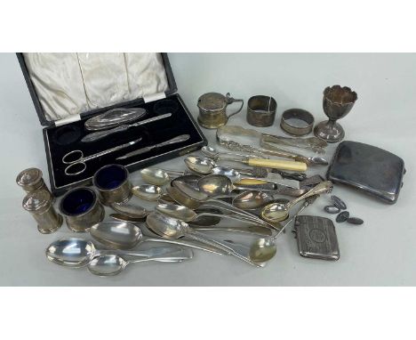 ASSORTED SILVER &amp; COLLECTABLES including five-piece cruet set, vesta case, cigarette case, numerous teaspoons, coffeespoo