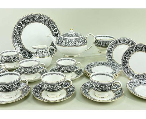 WEDGWOOD 'FLORENTINE' PATTERN TEA SERVICE, comprising seven tea cups, eight saucers, six side plates, milk jug, sugar basin, 