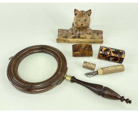 GROUP OF COLLECTIBLES including 19thC rosewood gallery glass, 2 small mid-19th Century tortoiseshell caskets, 5.3 and 6.4cm w