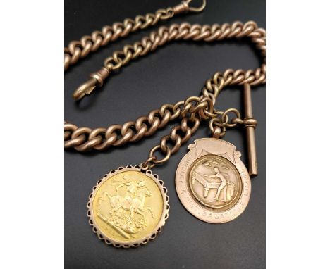 9CT GOLD ALBERT WATCH CHAIN, having graduated curb links, T bar, 9ct gold 'Dudley & District Bagatelle League' pendant, and a