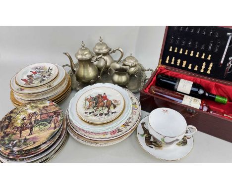 ASSORTED CERAMICS, SILVER PLATE &amp; WINE, including various hunting / racing china, plated tea and coffee set and boxed pai