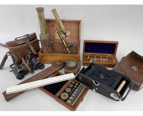 ASSORTED SCIENTIFIC INSTRUMENTS including H. Hughes 'Optician' lacquered brass minocular telescope in box with label, two set