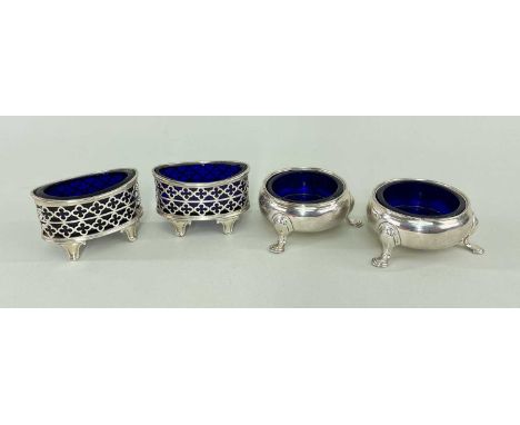 TWO PAIRS SILVER SALTS, including pair George II cauldron salts, London 1748, and pair George V reticulated oval salts, Birmi