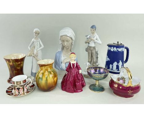 ASSORTED CABINET CHINA, including Minton lustre melba cup, Lladro bust of Mary, Royal Crown Derby '1128' coffee cup and sauce