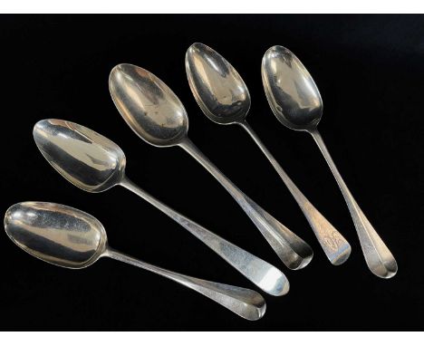 FIVE GEORGIAN SILVER TABLESPOONS, including a George II pair by John Whiting, London 1743, tot appr. wt. 8.5oz (5)